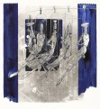 Rolf Münzner, Defilee über Café Treff, 1997, Feder- und Pinselzeichnung über Lithografie auf Bütten, 31 x 29 cm