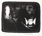 014 Albert Ebert, Adam und Eva (zu Peter Hacks) - Satanael geht im Nebel ab, 1973, Pinsellithografie, partiell geschabt auf Velinkarton, 