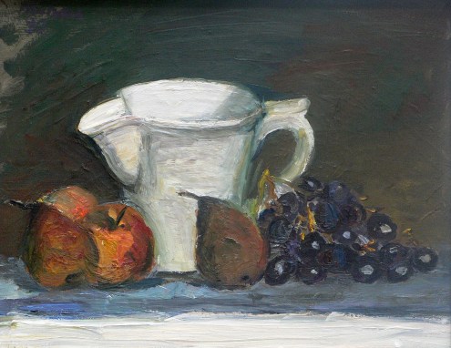 Harald Metzkes ∙ Stilleben mit Obst und weißer Kanne ∙ 1998 ∙ Öl auf Leinwand ∙ 35 x 45 cm