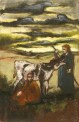 Reinhold Langner, Frauen mit Kuh, um 1943, Ölkreide auf Karton, 50,0 x 32,5 cm