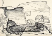 Peter Sylvester, Landschaft bei Kleingeschwenda, 1967, Kugelschreiber auf Karton, 11,9 x 16,9 cm