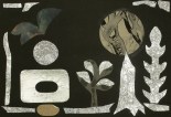 Agathe Böttcher, Stillleben im Mondlicht,  1978, Collage, Tusche, Papier, Zeitungsausschnitte, Aluminiumfolie, 30 x 42 cm