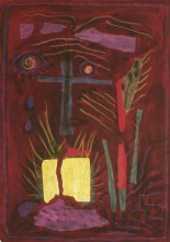 Agathe Böttcher,  Gesicht mit Kreuz, 2002, Collage, Mischtechnik, Aquarell, Fettkreide, 41,5 x 29,5 cm