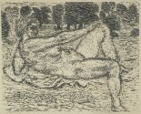 Wilhelm Rudolph, Liegender weiblicher Akt vor Bäumen, um 1975, Holzschnitt, schwach laviert, 41 x 57 cm (Stock)