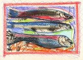 Ernst Hassebrauk, Drei Fische, 1955-1960, Radierung, in Fettkreide überarbeitet, 39,5 x 55,5 cm