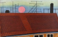 Fritz Tröger, Rote Sonne über dem Dach, 1971, Pastellkreide, 50,1 x 76,5 cm