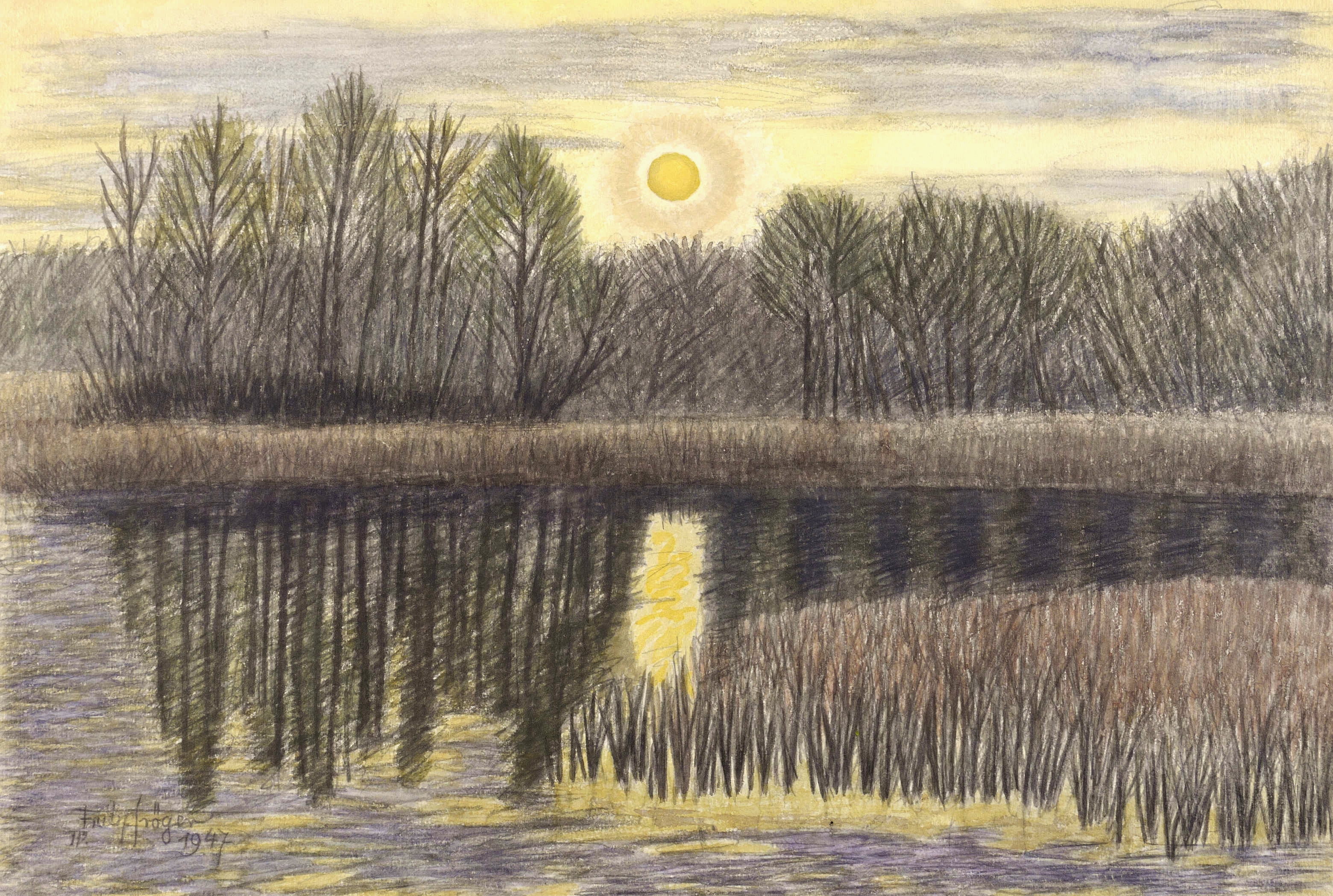 Fritz Tröger, Untergehende Sonne überm Waldteich, 1947