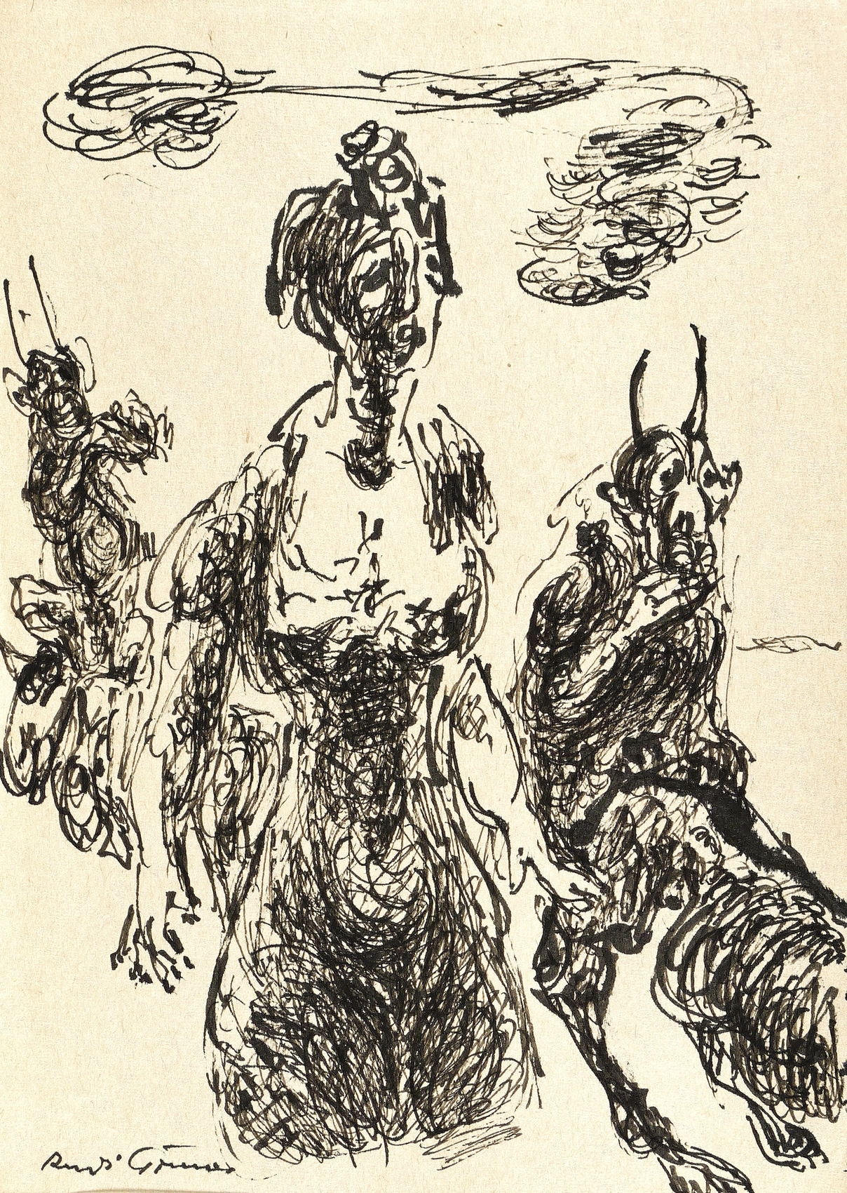 Rudi Gruner – „Ohne Titel (Frau mit zwei Mischwesen)“