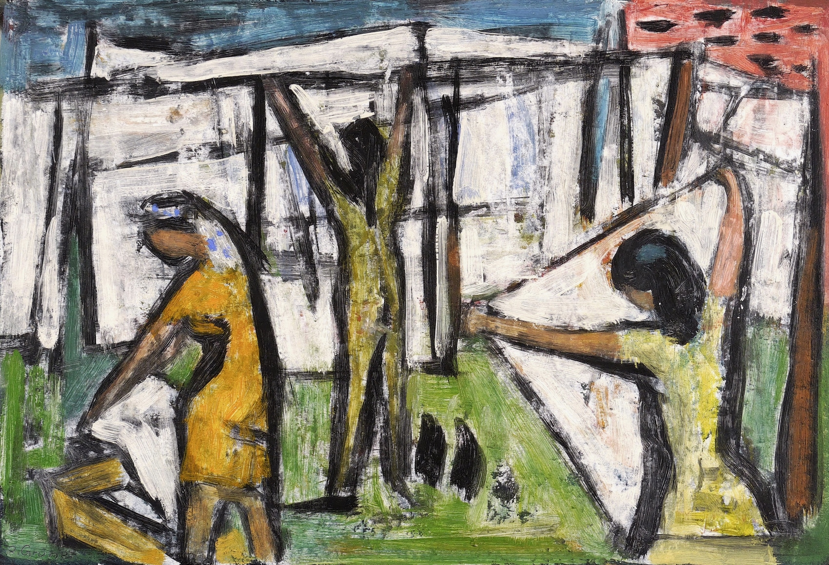 Rudi Gruner, Drei Frauen beim Wäscheaufhängen, um 1955