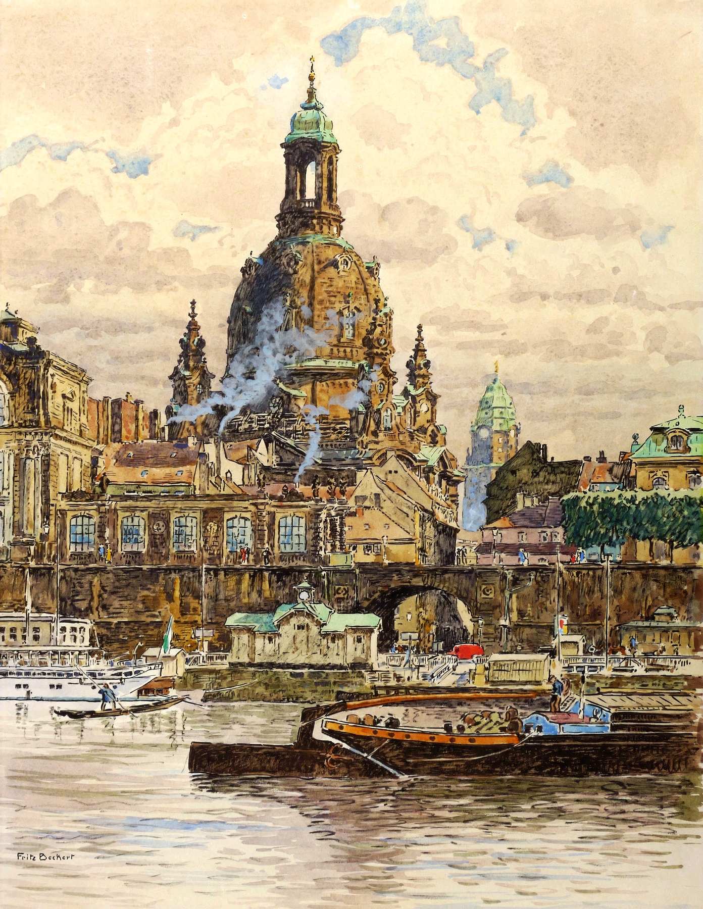 Fritz Beckert, Blick vom Terrassenufer auf die Frauenkirche Dresden, 1930-1940
