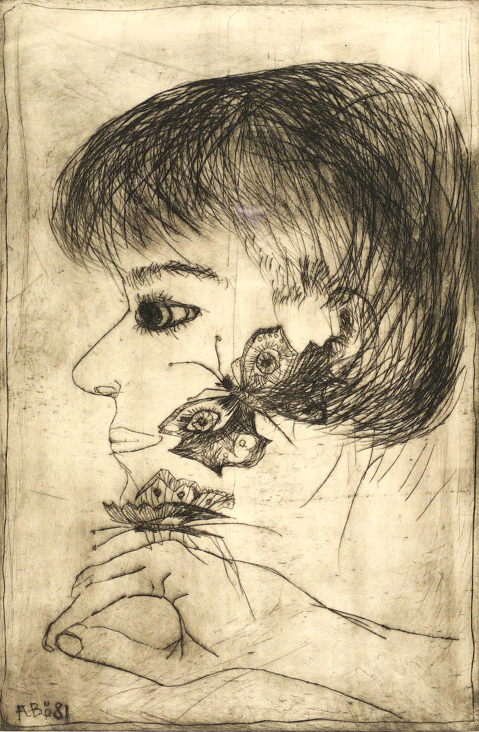 Frauenkopf mit Schmetterlingen Frauenkopf mit Schmetterlingen