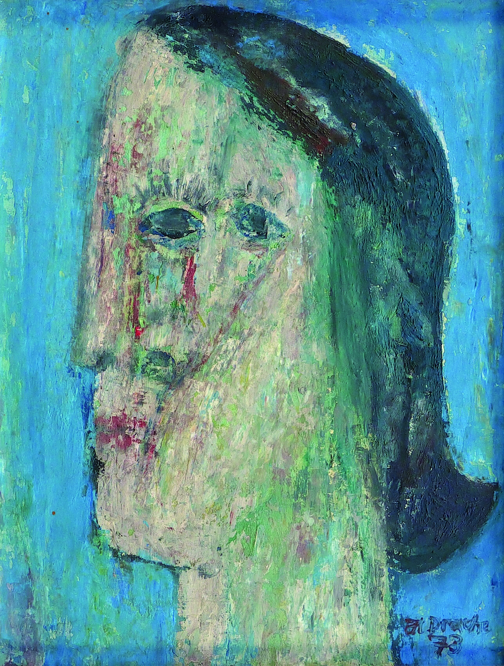 Heinz Drache, Frauenkopf auf blauem Grund, 1978