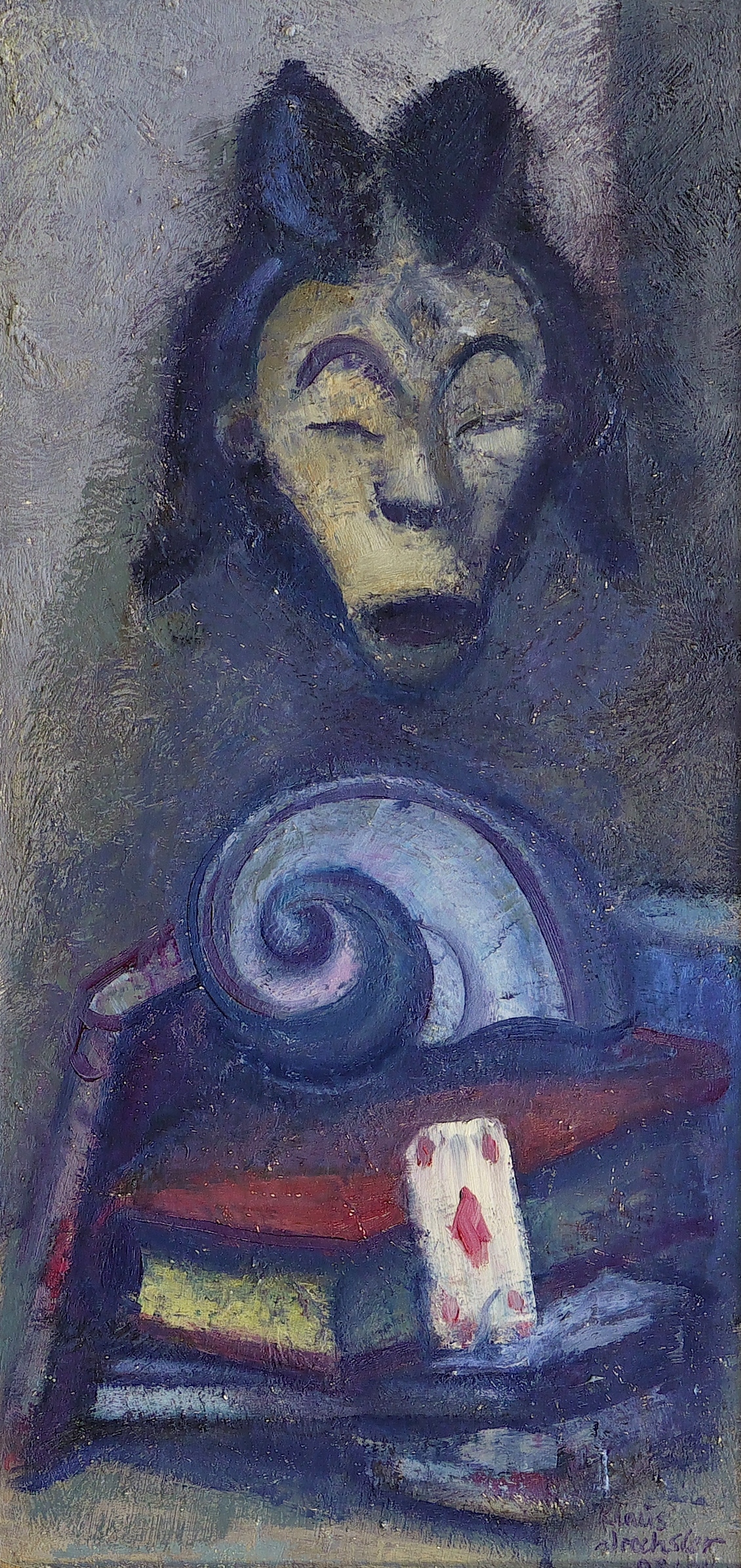 Klaus Drechsler – „Bücherstapel mit Schneckenhaus, Spielkarte und afrikanischer Maske“