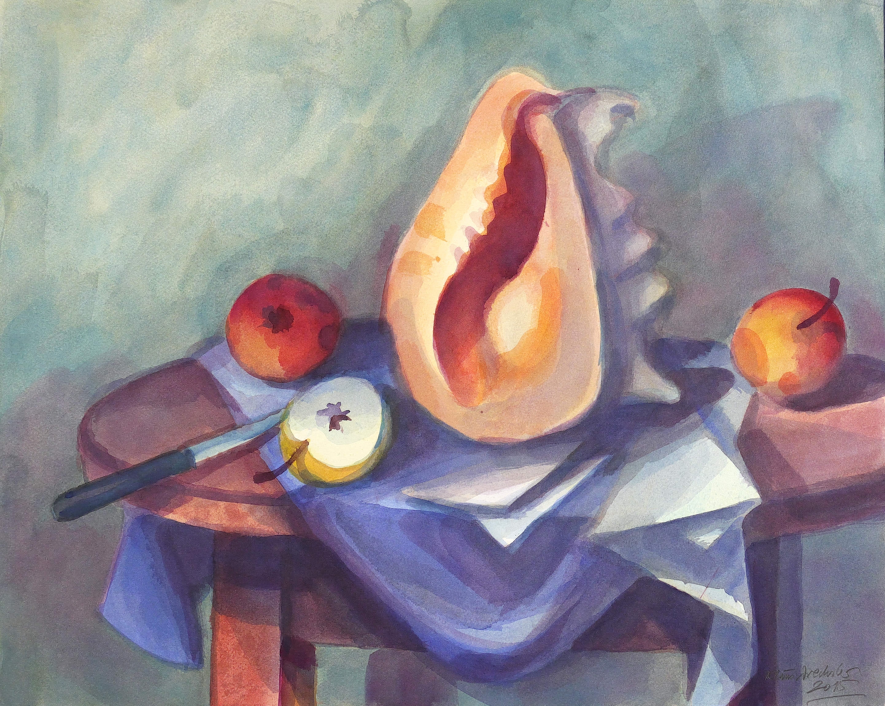 Ateliertisch I (Äpfel und große Meeresschnecke)