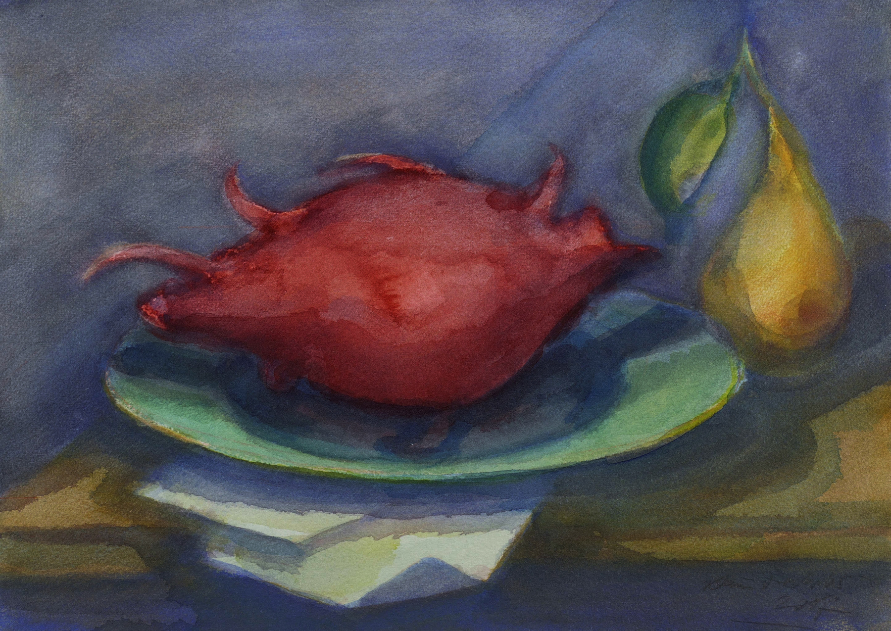 Kleines Stillleben mit Kaktusfrucht und Birne