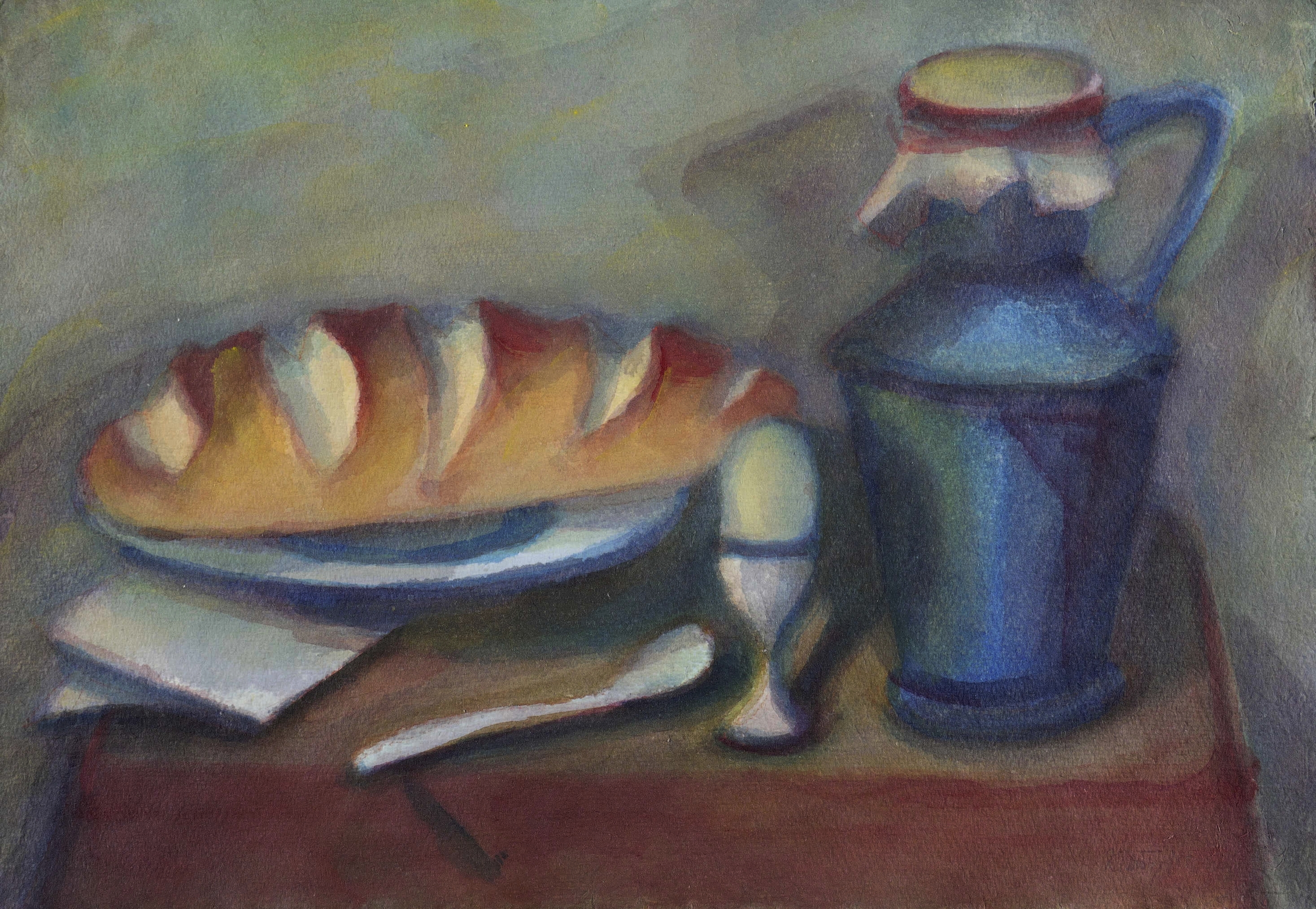 Stillleben mit Weißbrot und blauer Kanne