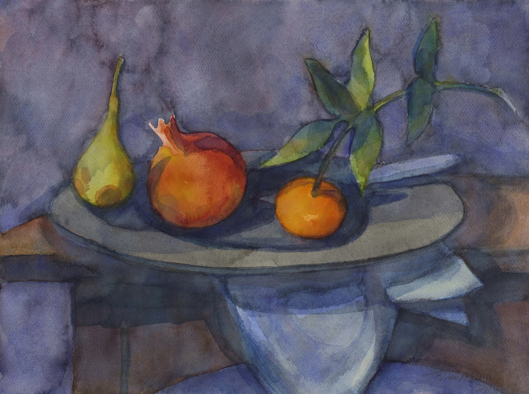 Zinnteller mit Granatapfel, Birne und Mandarine