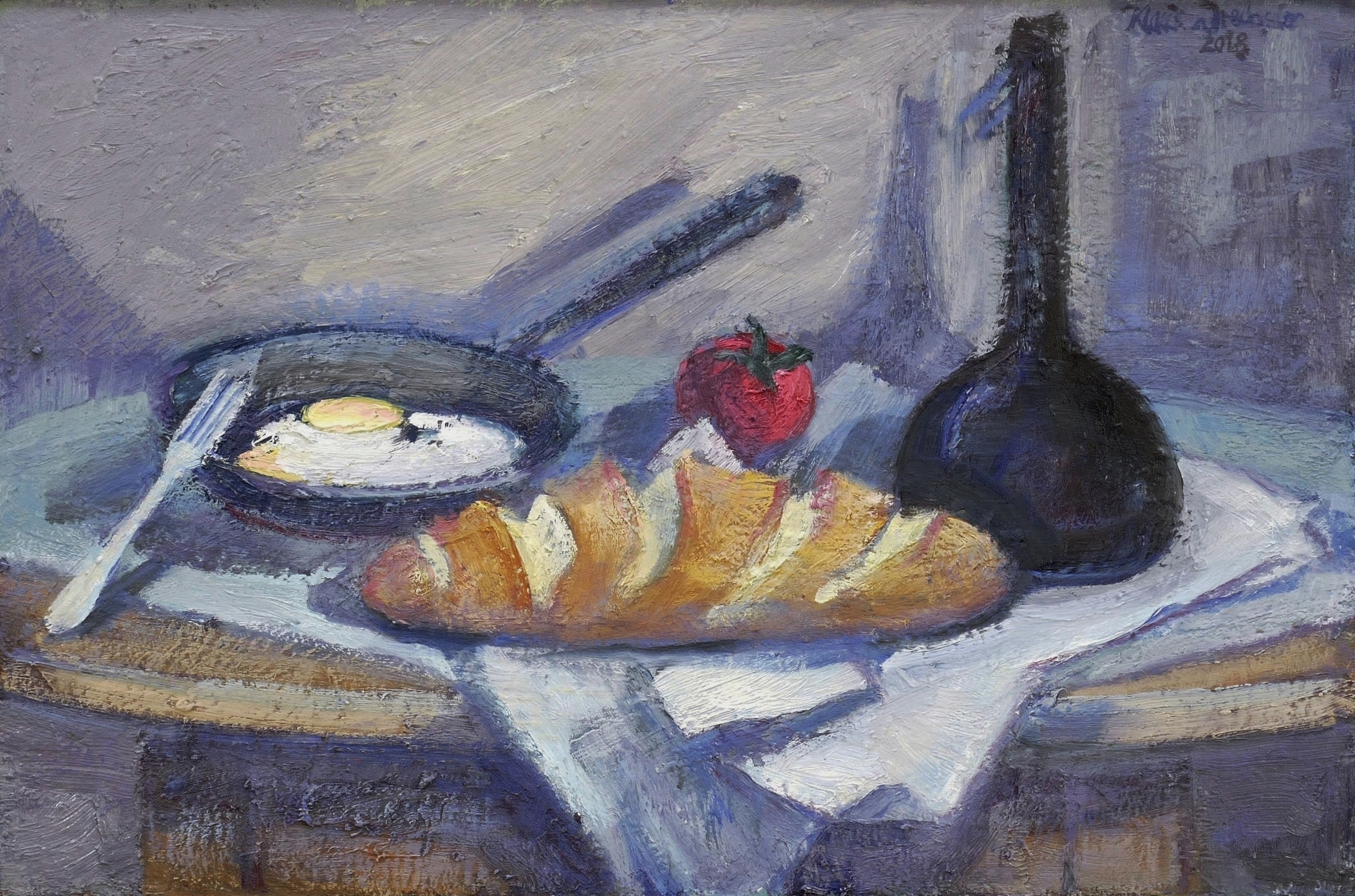 Abstelltisch (mit Gabel, Flasche, Weißbrot und Eiertiegel)