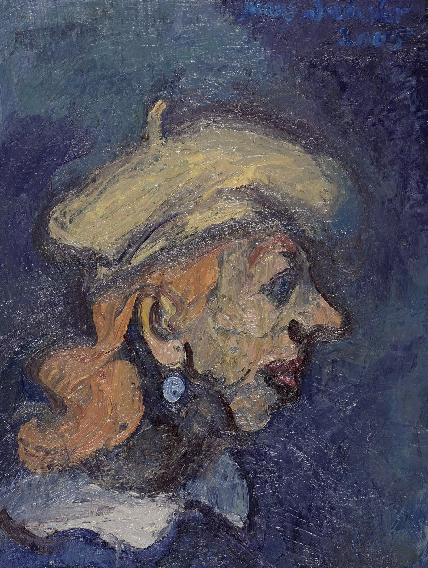 Frau mit gelber Mütze und Ohrring