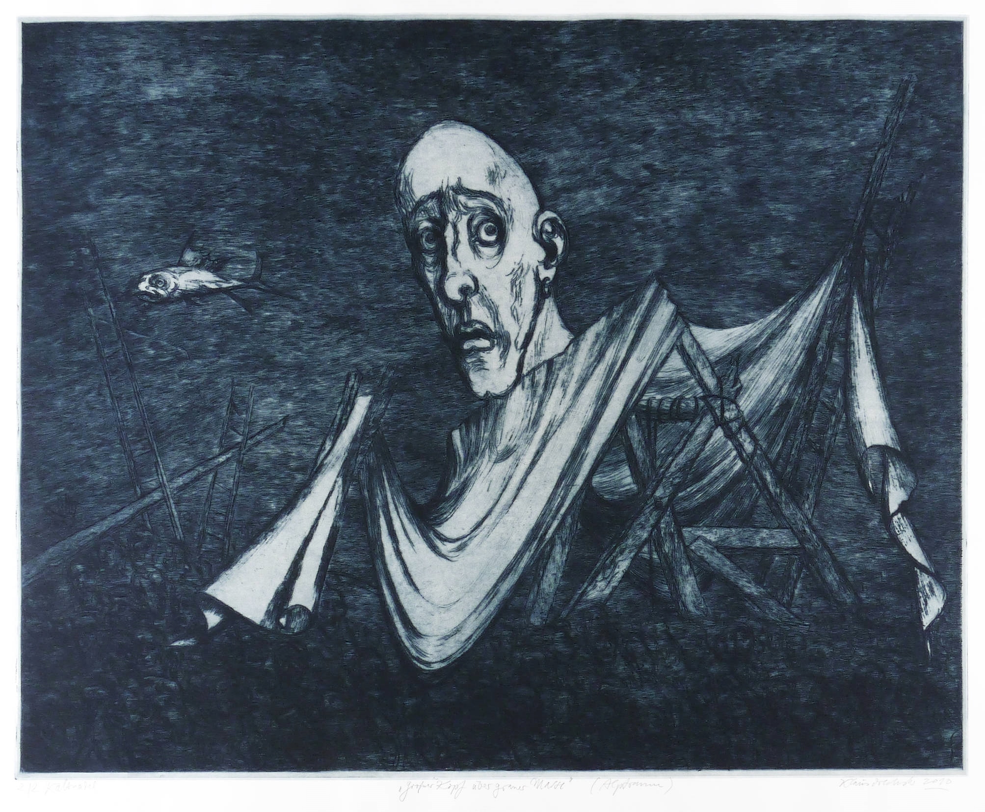 Großer Kopf über grauer Masse (Alptraum)