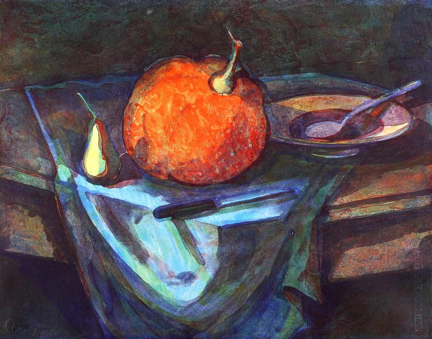 Tischstilllleben mit Kürbis