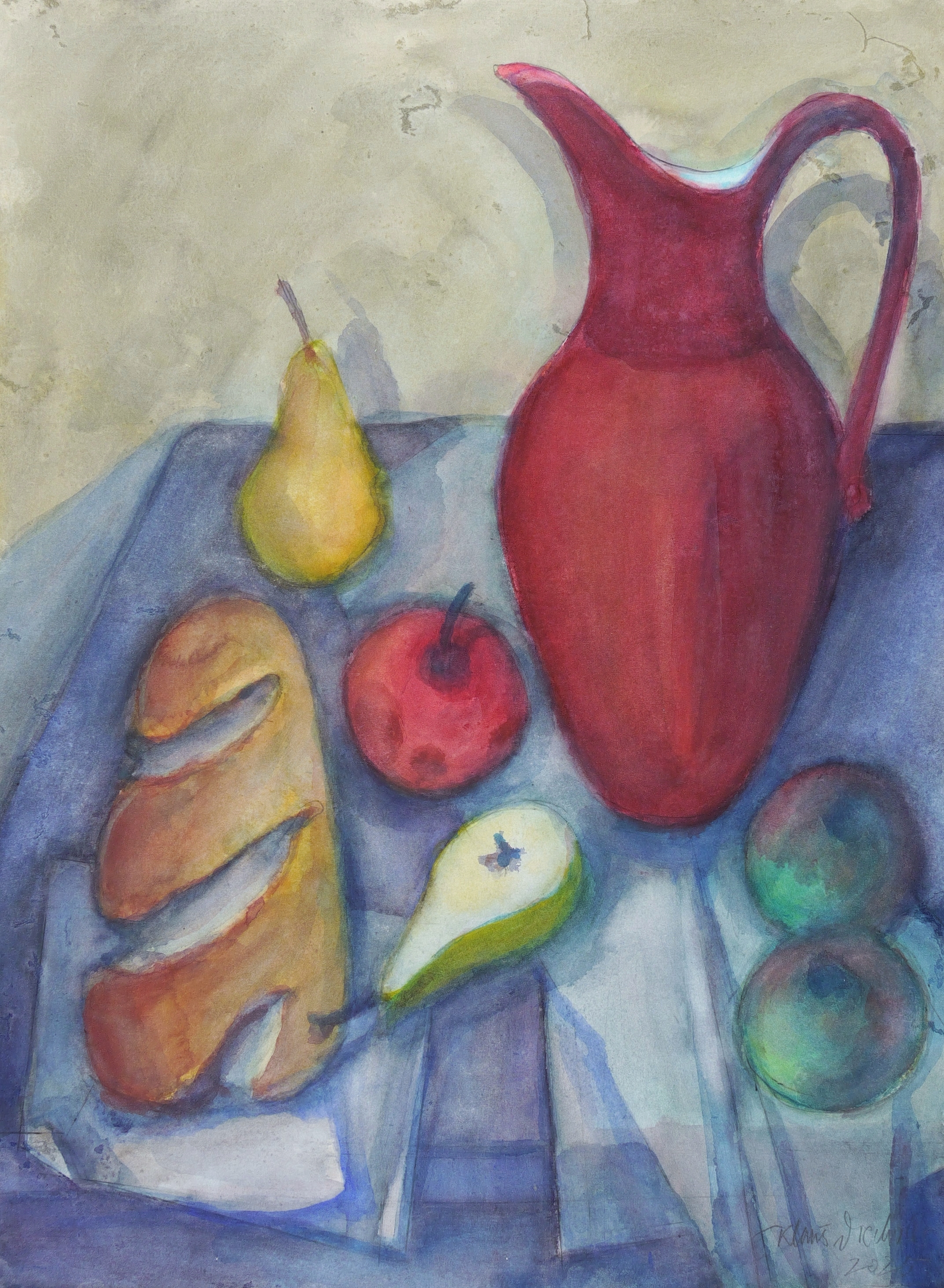 Stillleben mit roter Kanne, Weißbrot und Früchten Stillleben mit roter Kanne, Weißbrot und Früchten