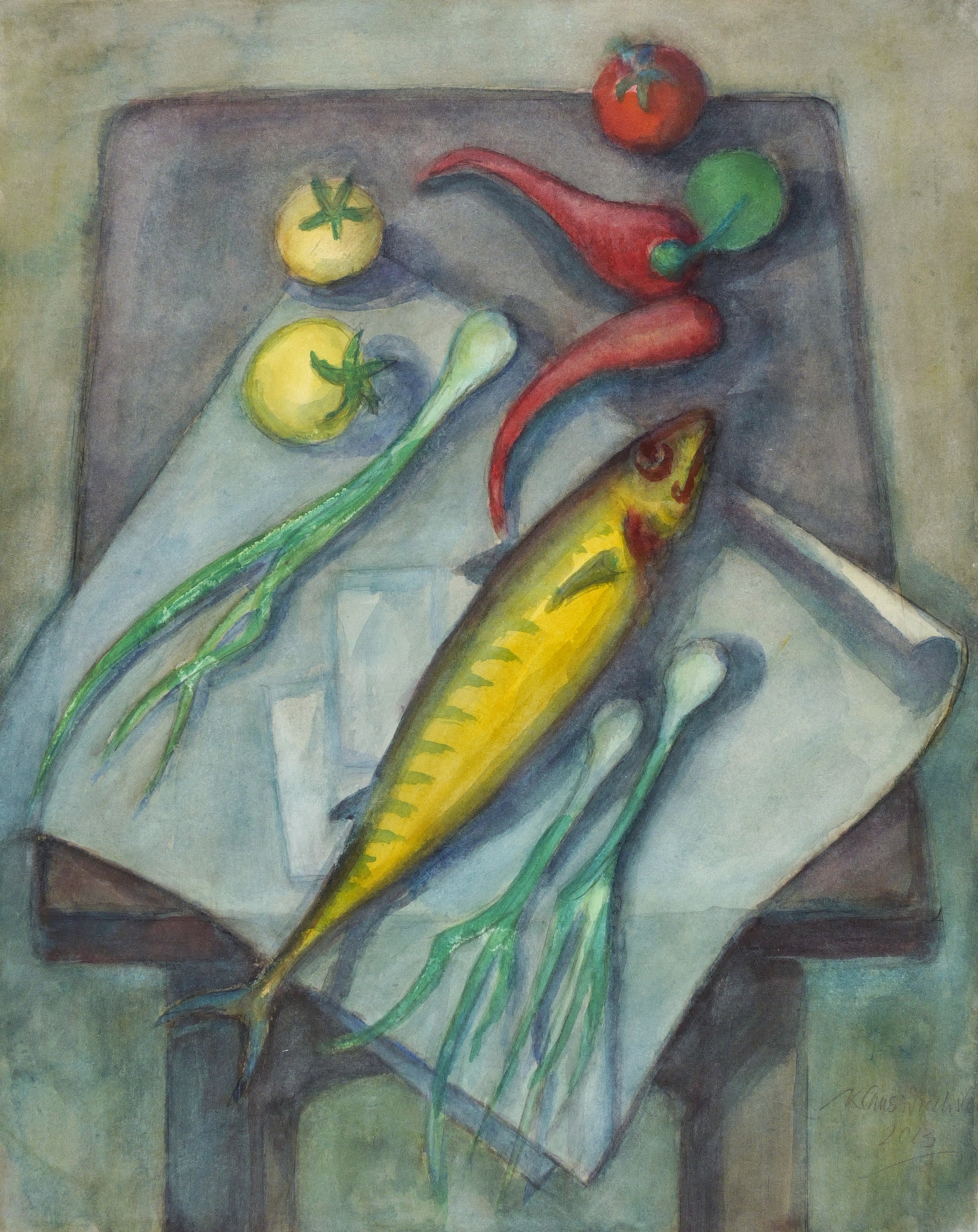 Abstelltisch mit Räucherfisch, Tomaten, Paprika Abstelltisch mit Räucherfisch, Tomaten, Paprika