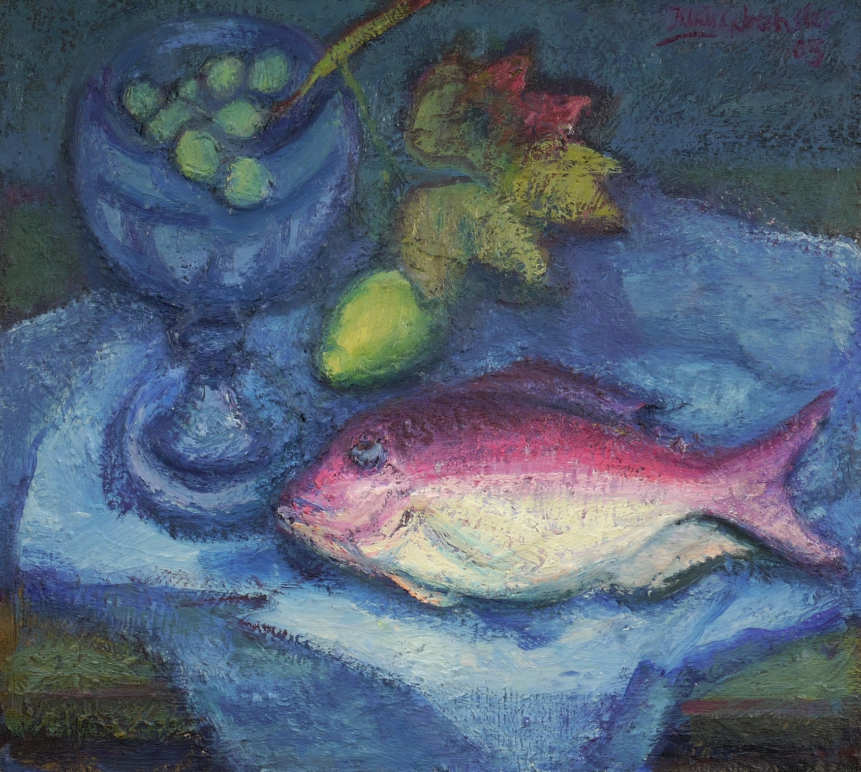 Klaus Drechsler, Stillleben mit roten Meeresfisch, Glas, Weintraube und Zitrone, 2003