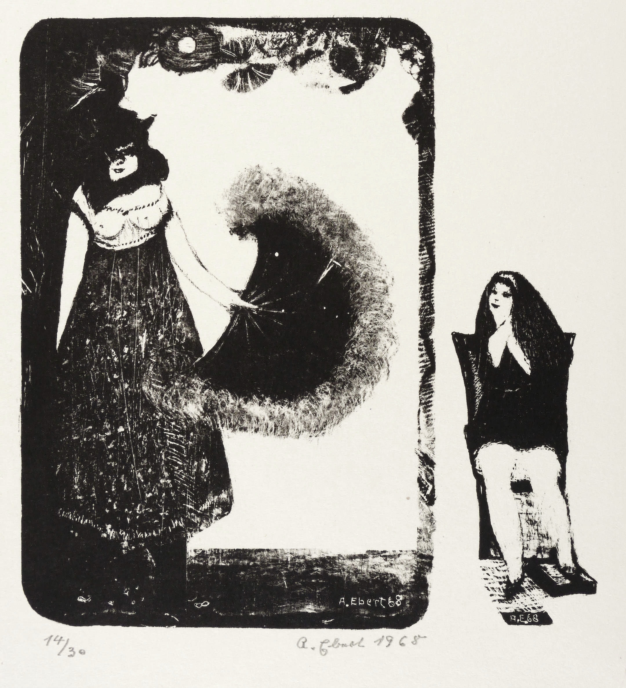 Dame mit Fächer und sitzende Frau