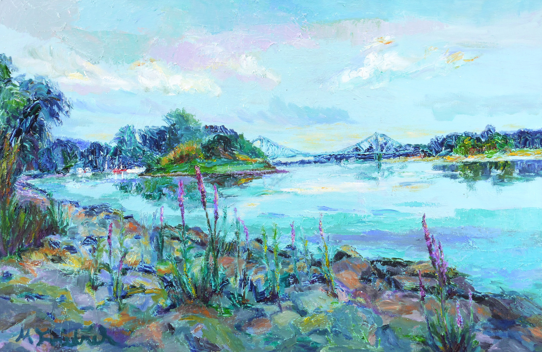 Loschwitzer Hafen mit Blutweiderich Blauem Wunder