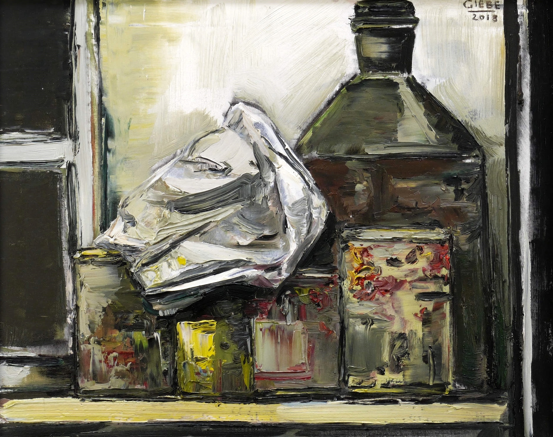 Stillleben mit Flasche und Mallappen Stillleben mit Flasche und Mallappen