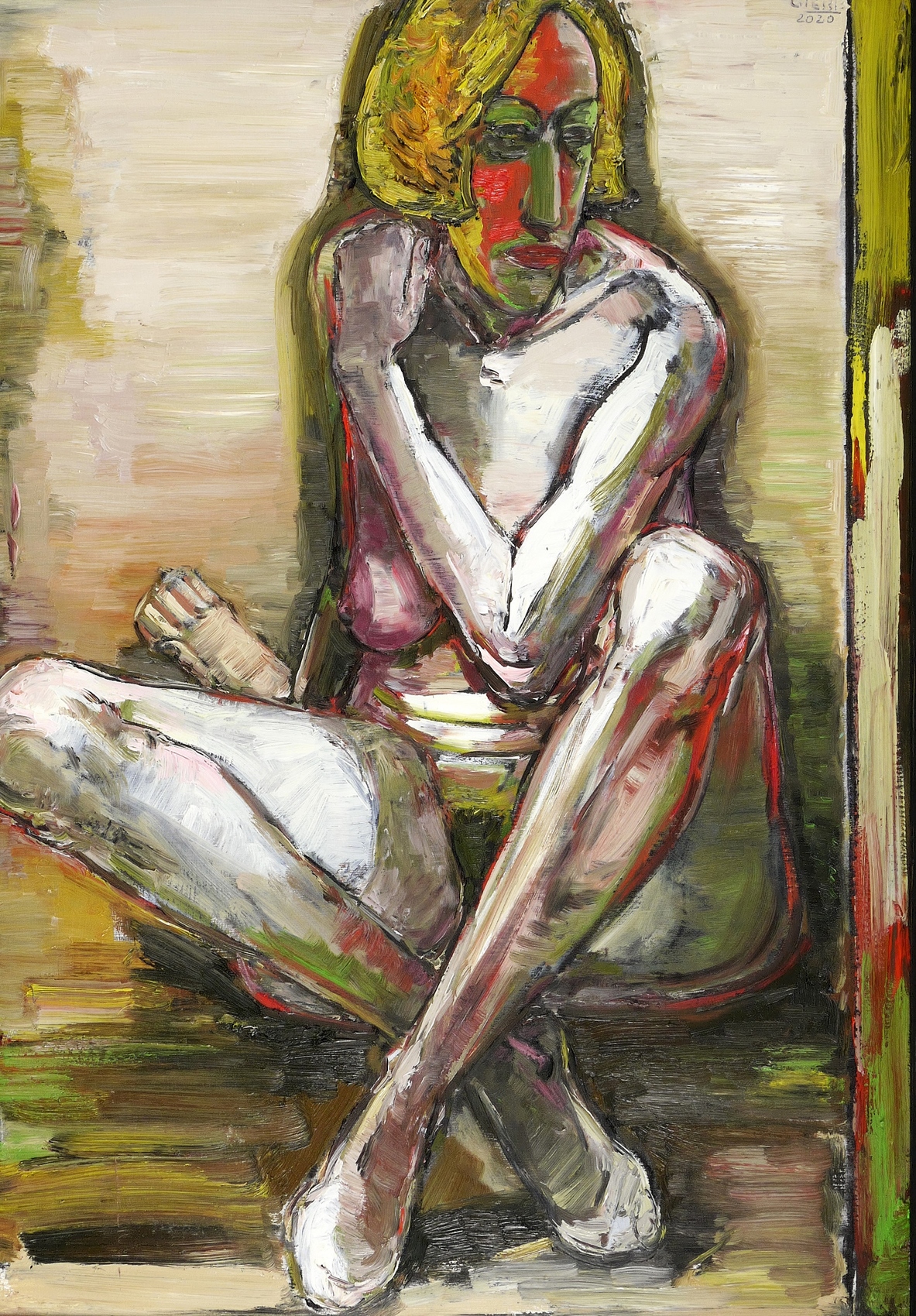 Hubertus Giebe, Sitzender Akt mit angewinkelten Beinen II, 2020