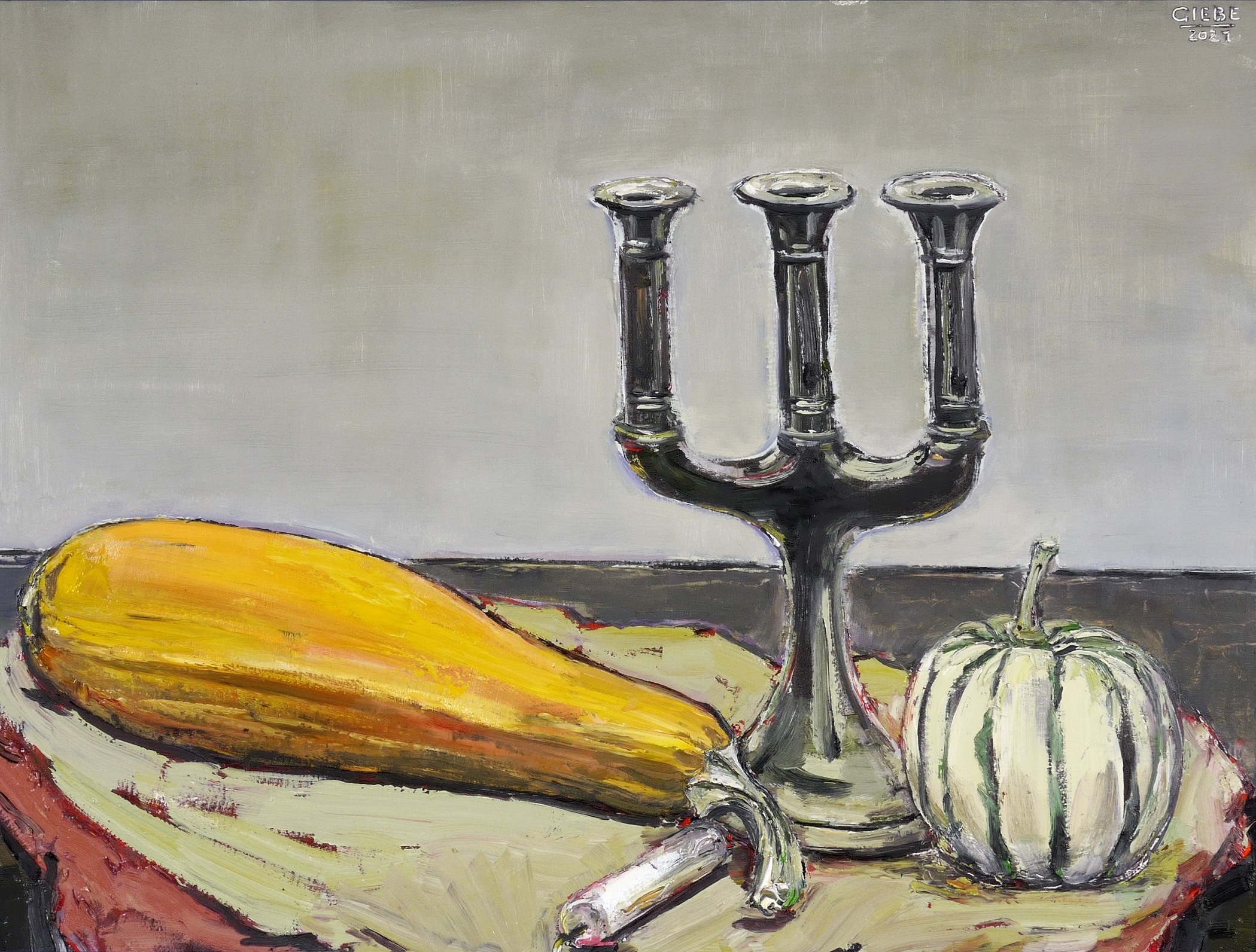 Stillleben mit Leuchter und Kürbissen