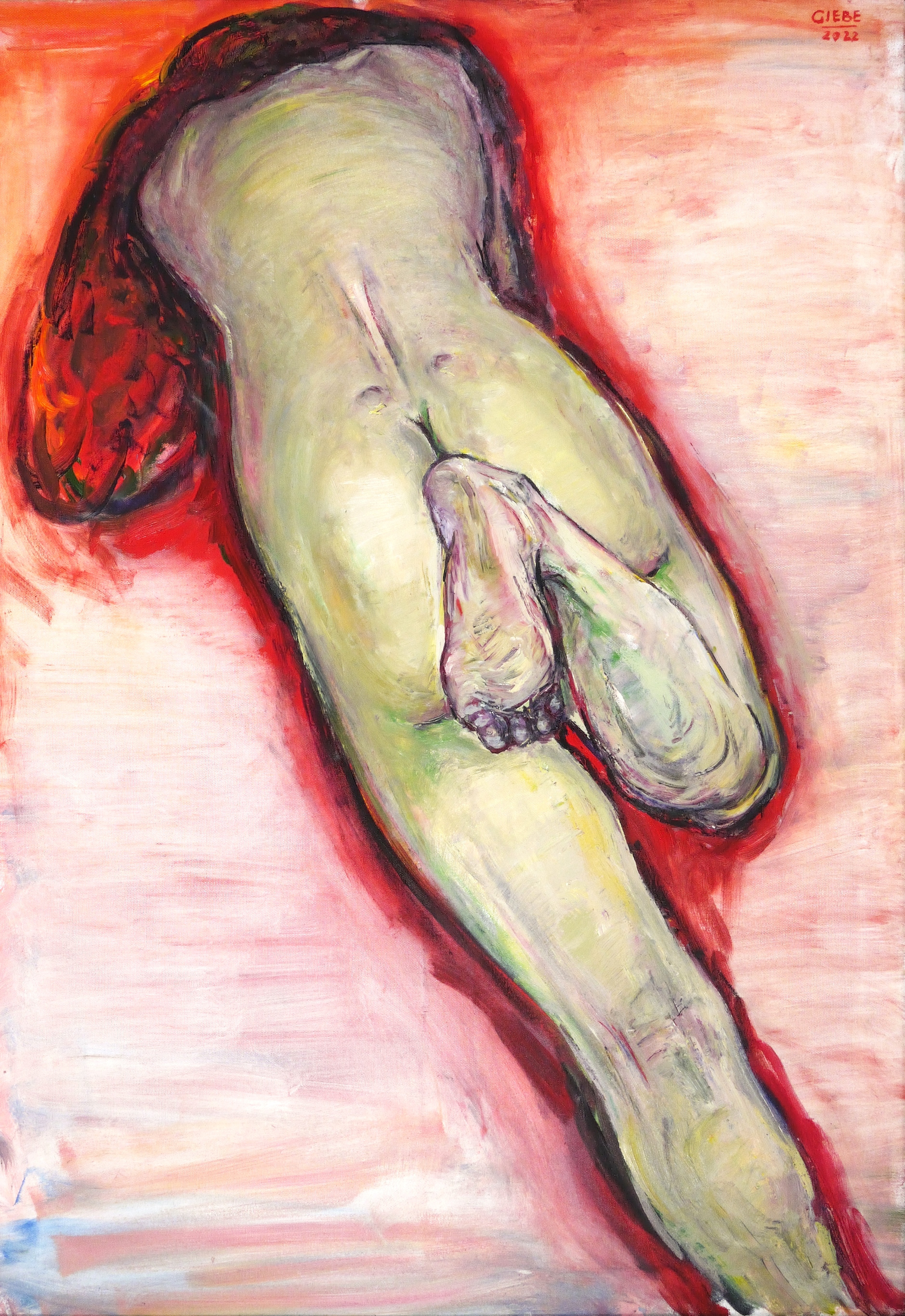Hubertus Giebe, Liegender Rückenakt mit angewinkeltem Bein, 2022