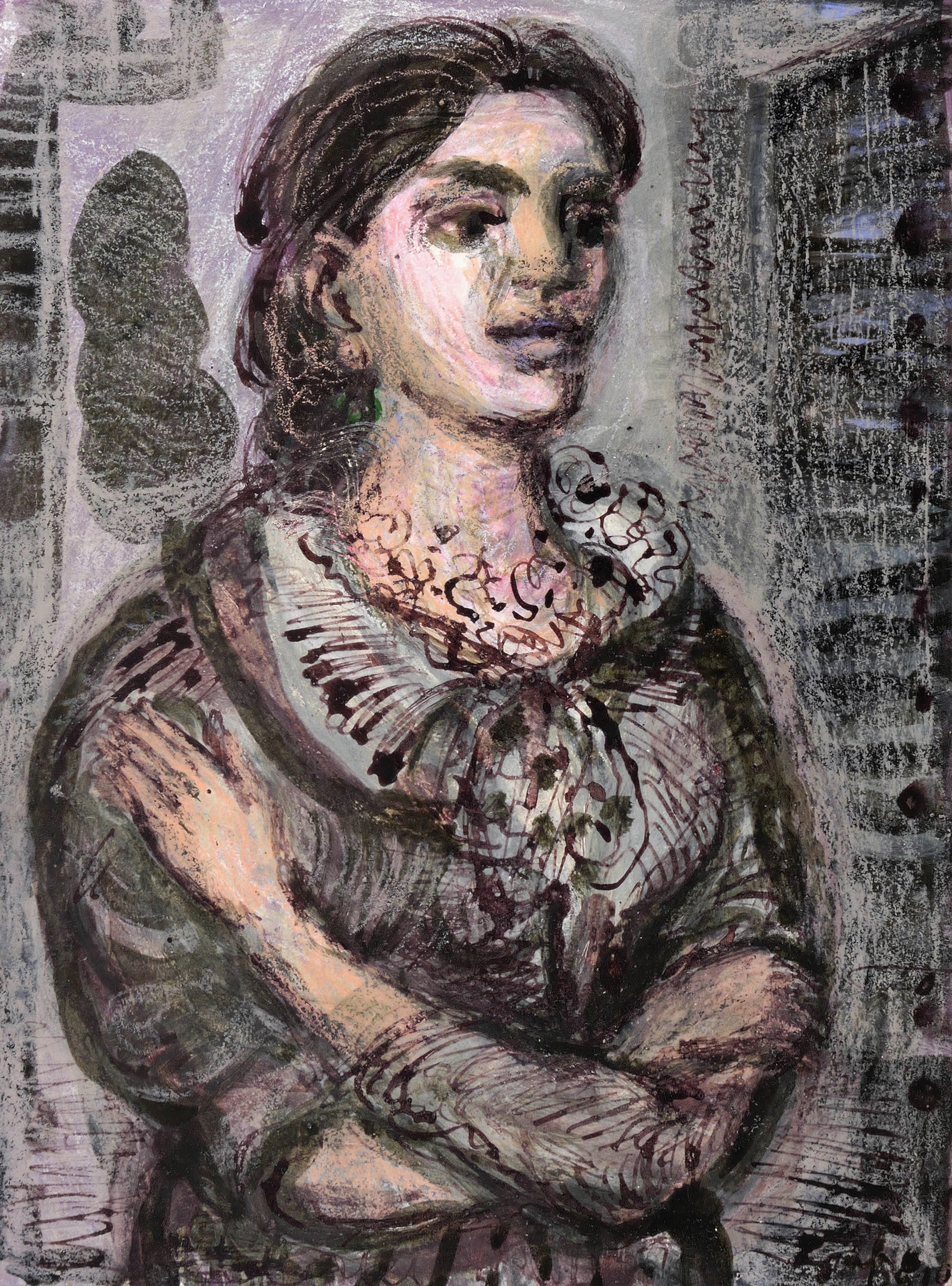 Brustbild einer Frau, nachdenklich