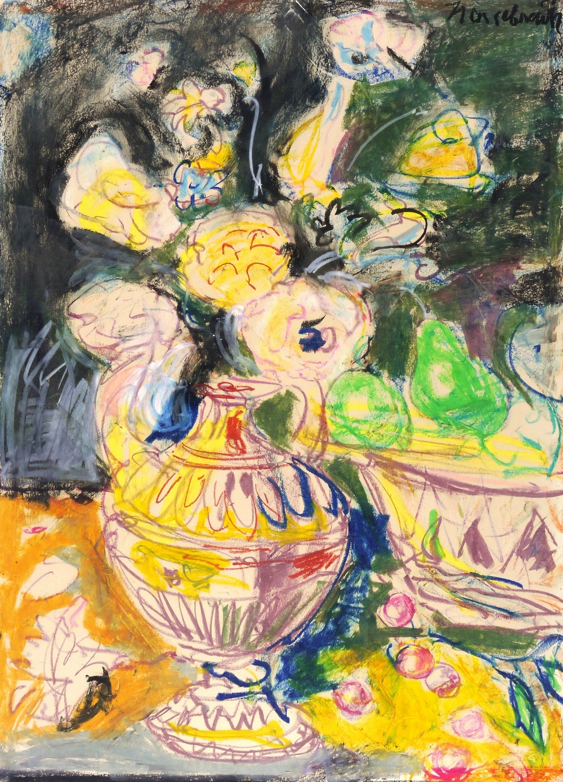 Stillleben mit Blumenstrauß und Obstschale