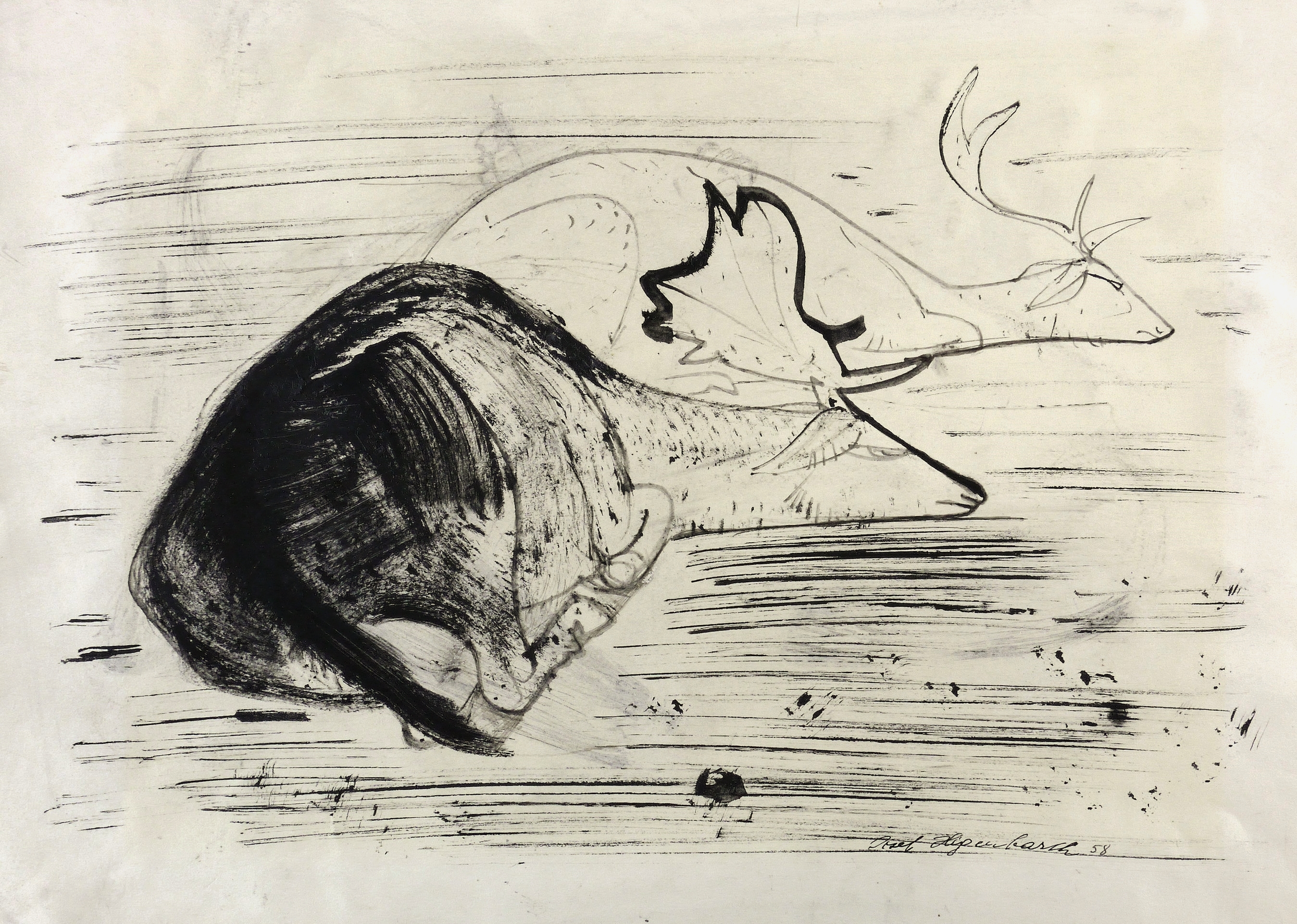 Josef Hegenbarth, Liegende Hirsche, 1958