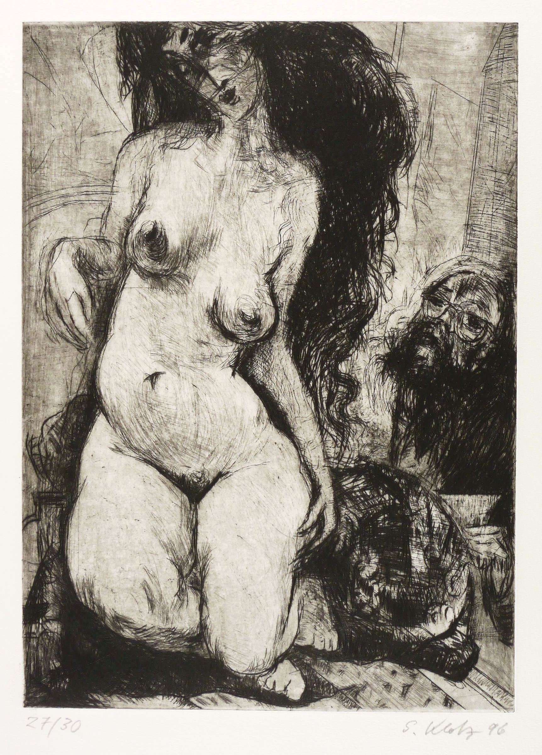 Kniender Akt mit Katze und Selbstbildnis