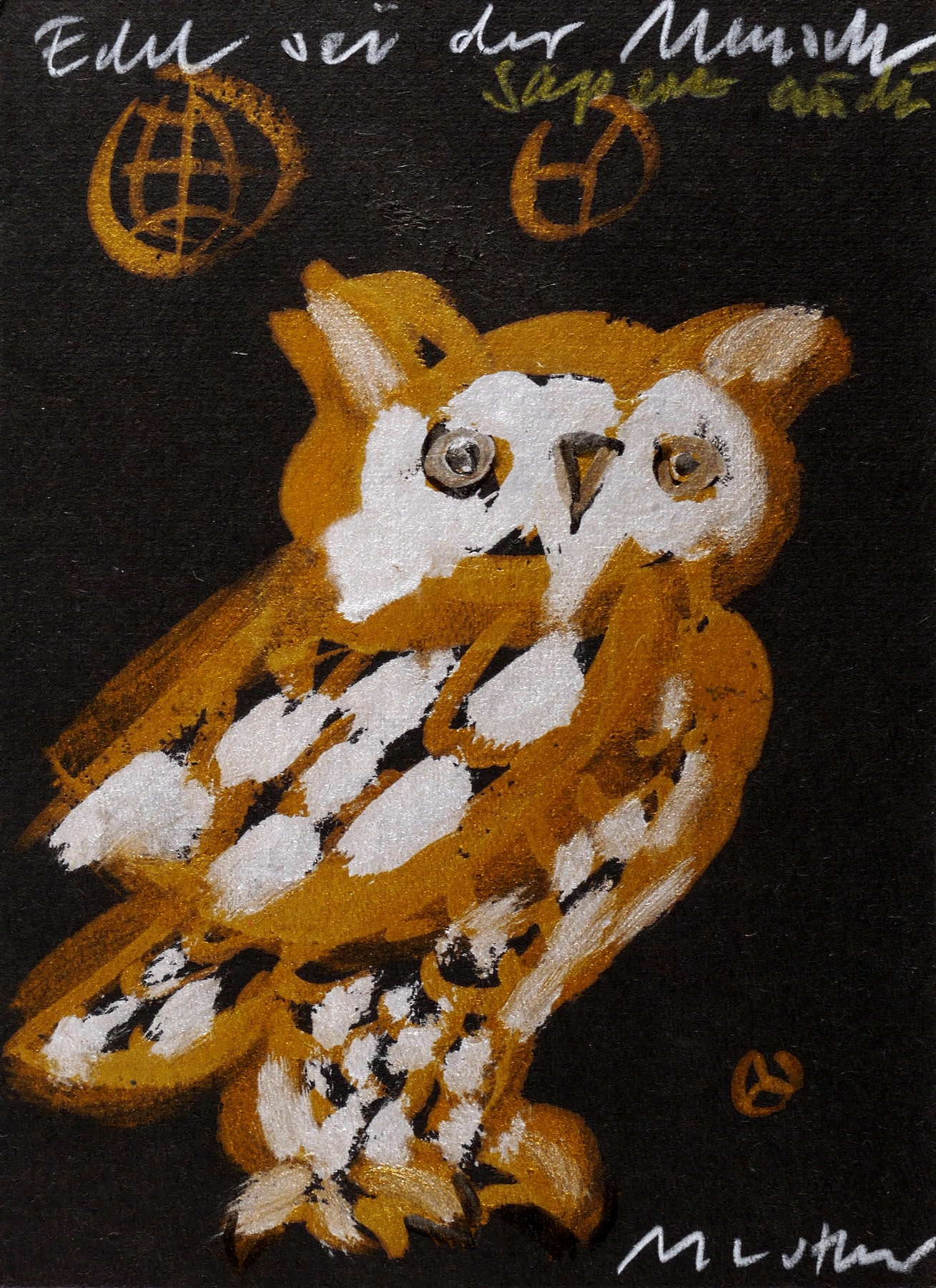 Edel sei der Mensch (Eule mit Erde, Sonne und Mond)