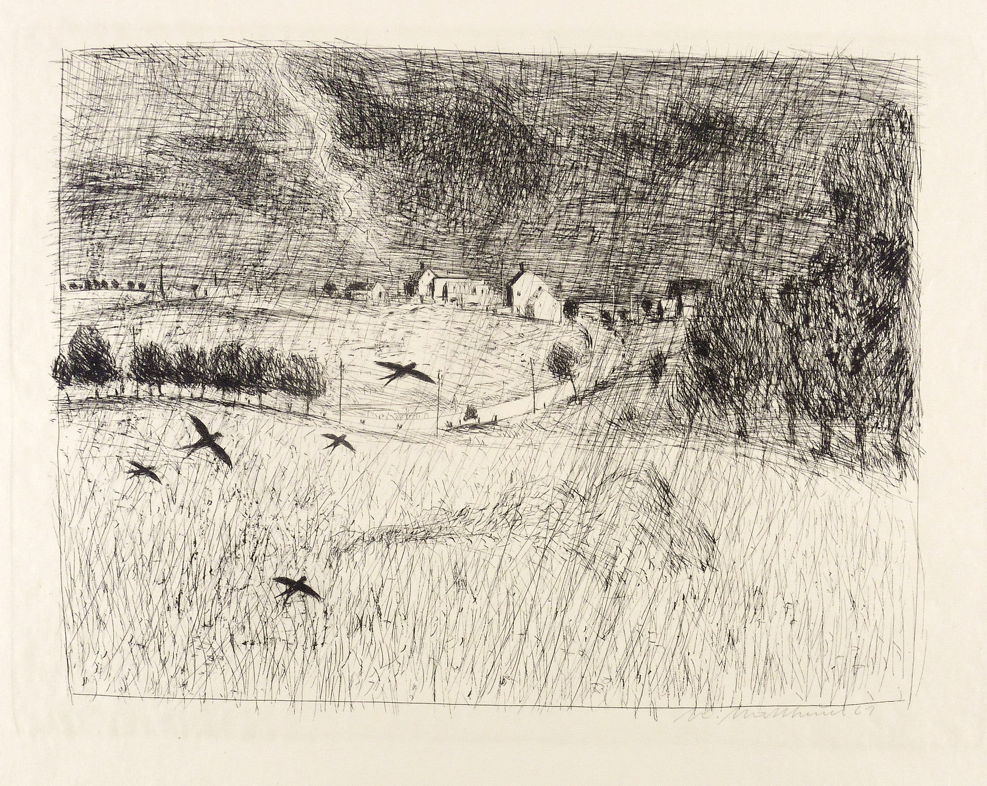 Gewitterlandschaft mit Vögeln