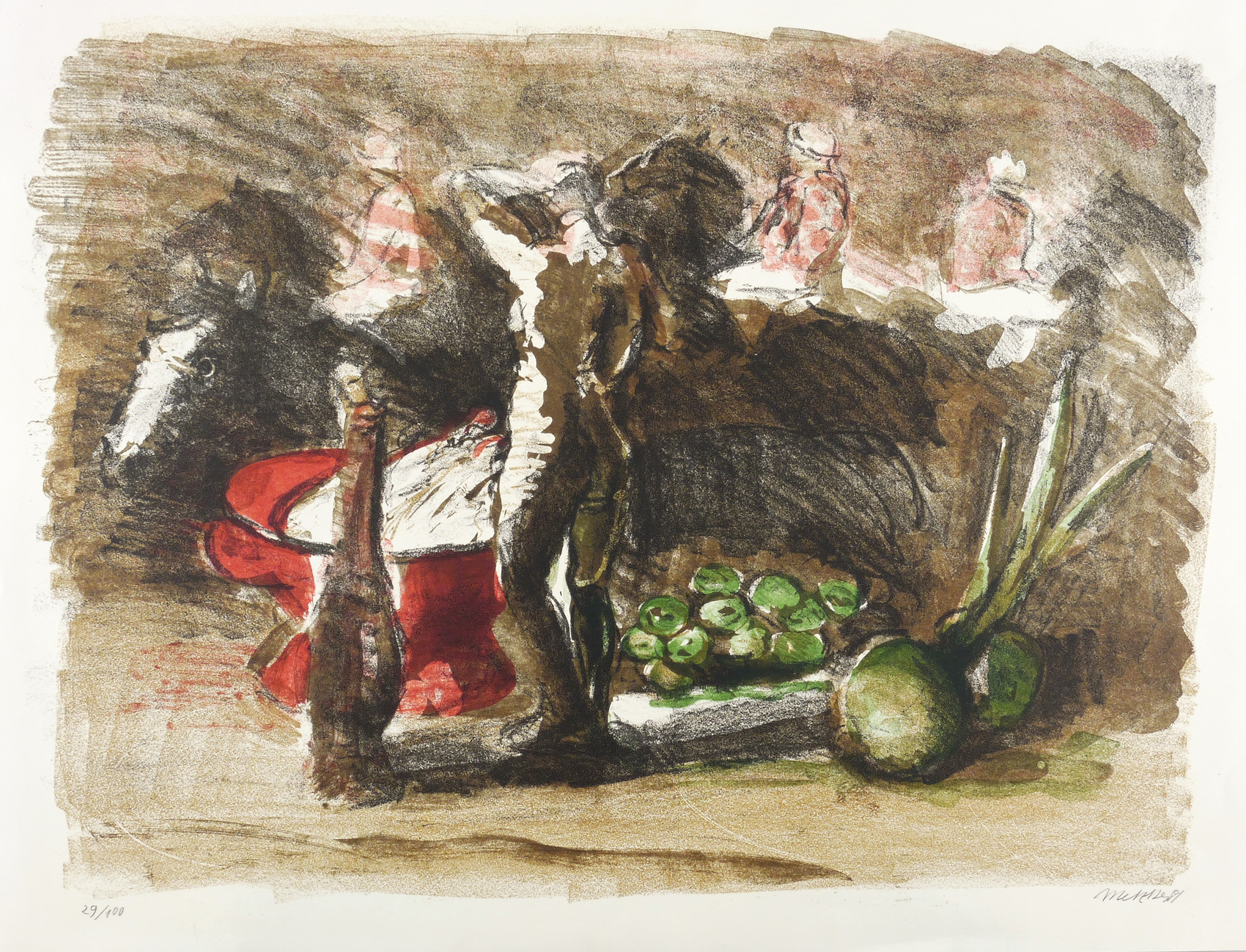 Harald Metzkes, Stillleben (Küchenstillleben mit Rückenakt und Reitern), 1981