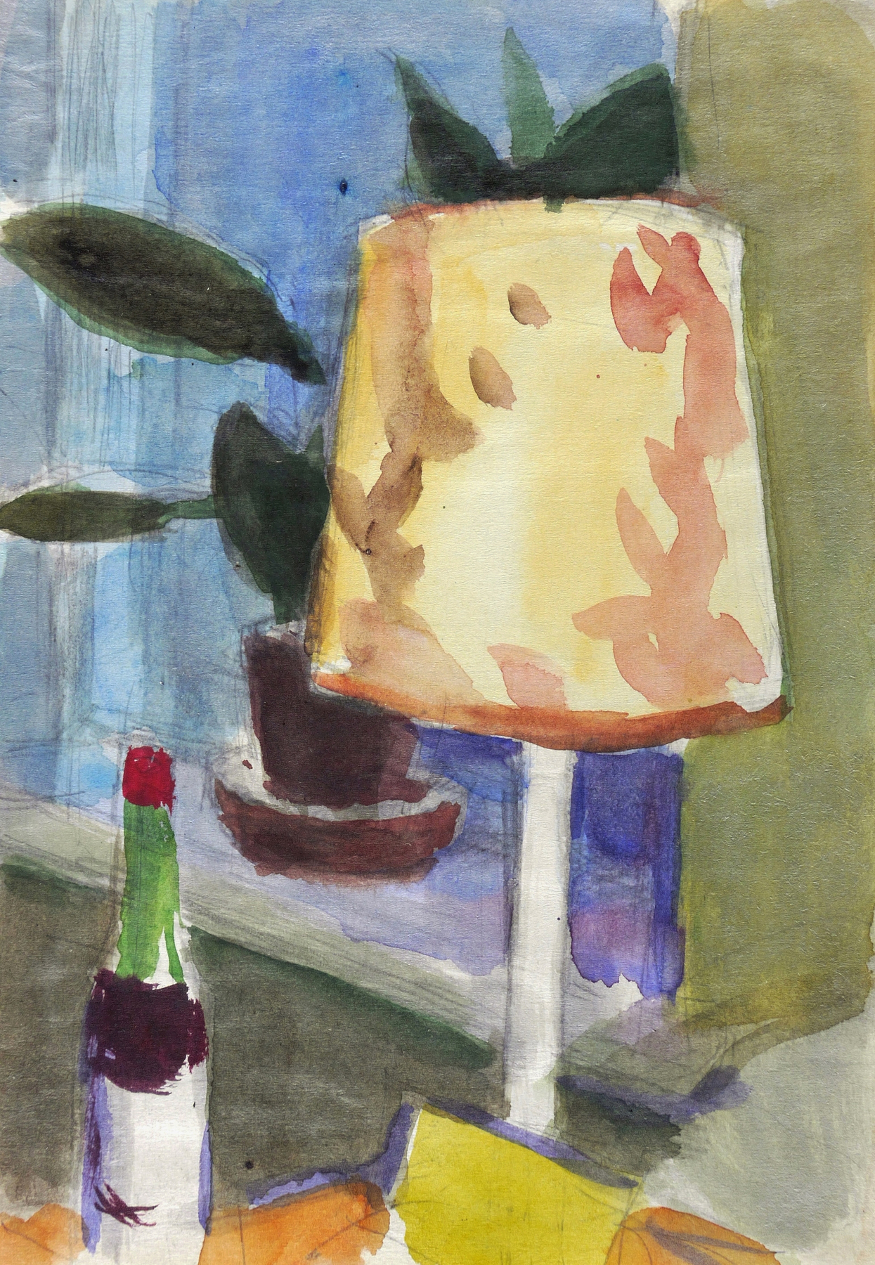 Egon Pukall, Interieur mit Stehlampe und Weinflasche, um 1980