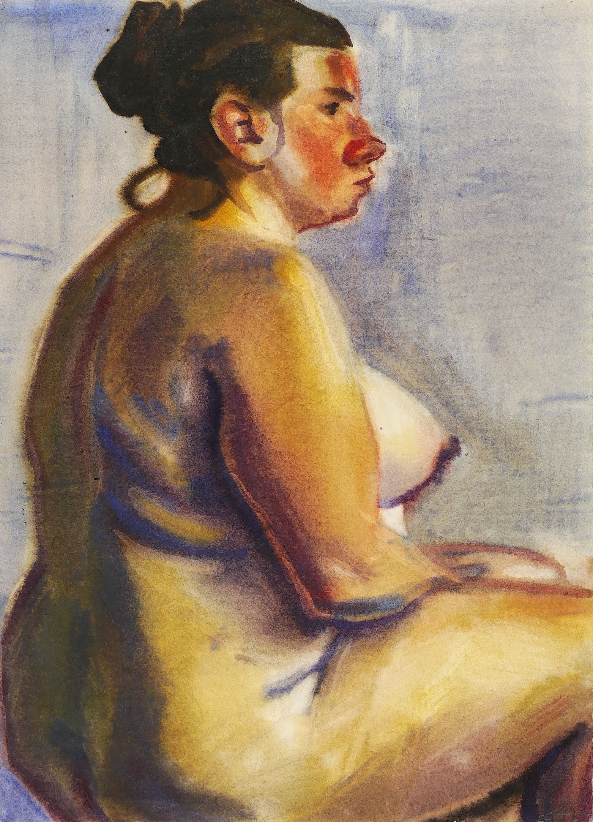 Sitzender weiblicher Akt im Profil nach rechts