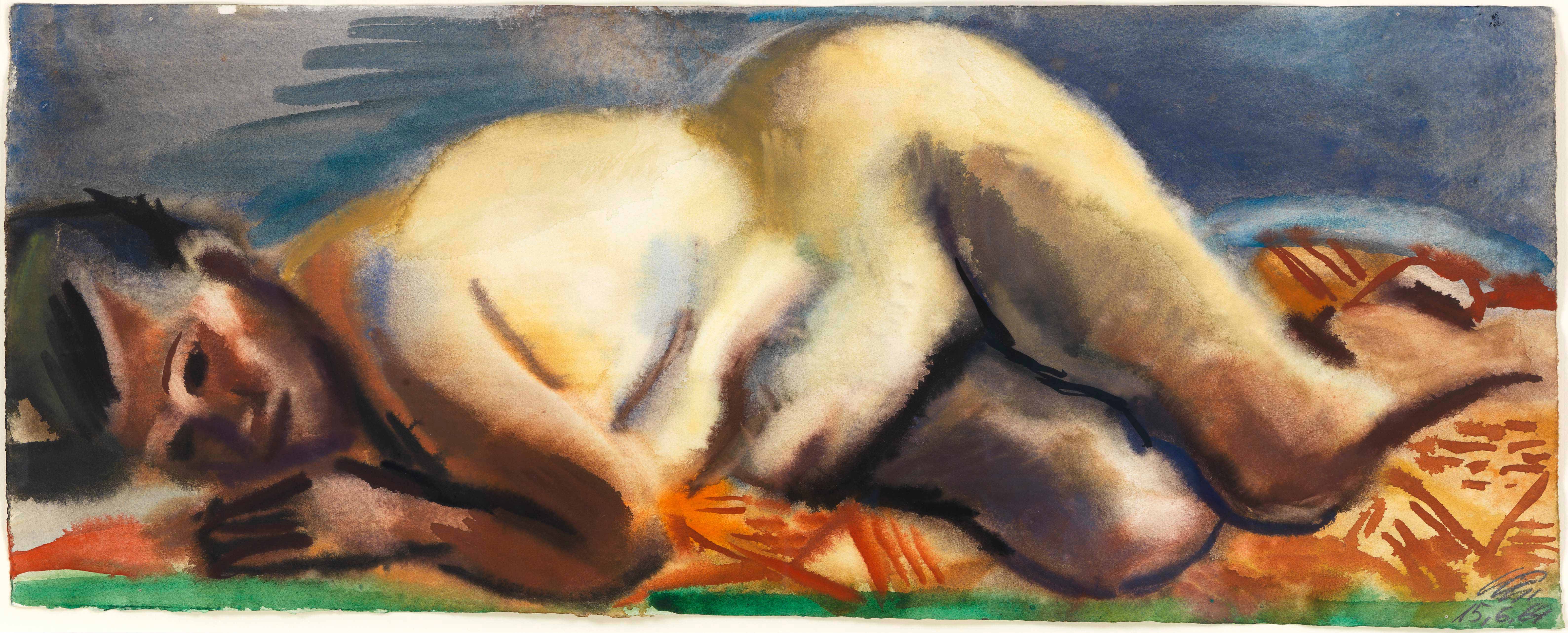 Curt Querner – „Liegender weiblicher Akt auf Decke mit braunem Muster“