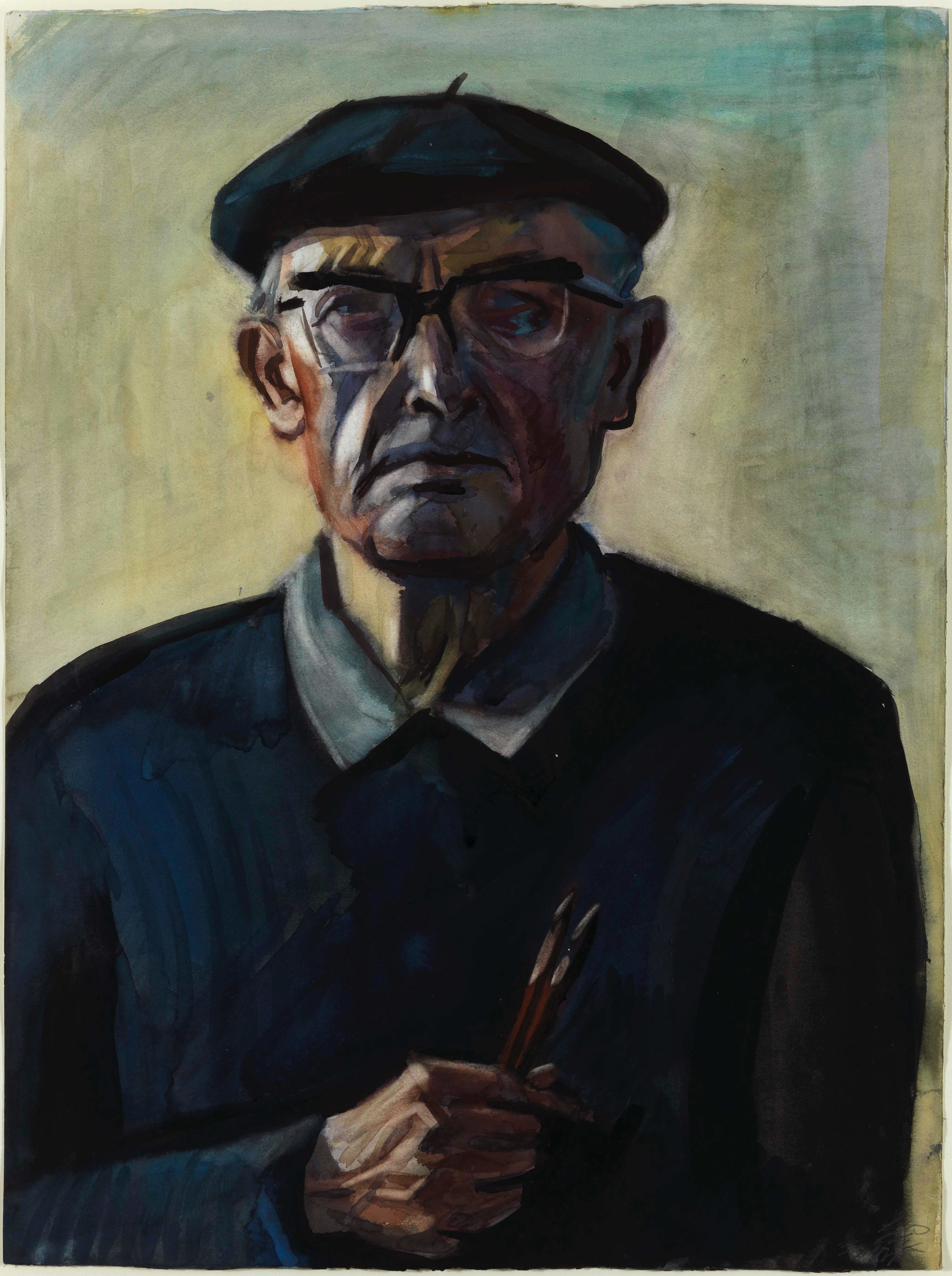 Curt Querner – „Selbstbildnis in dunkelblauem Pullover und mit Mütze“