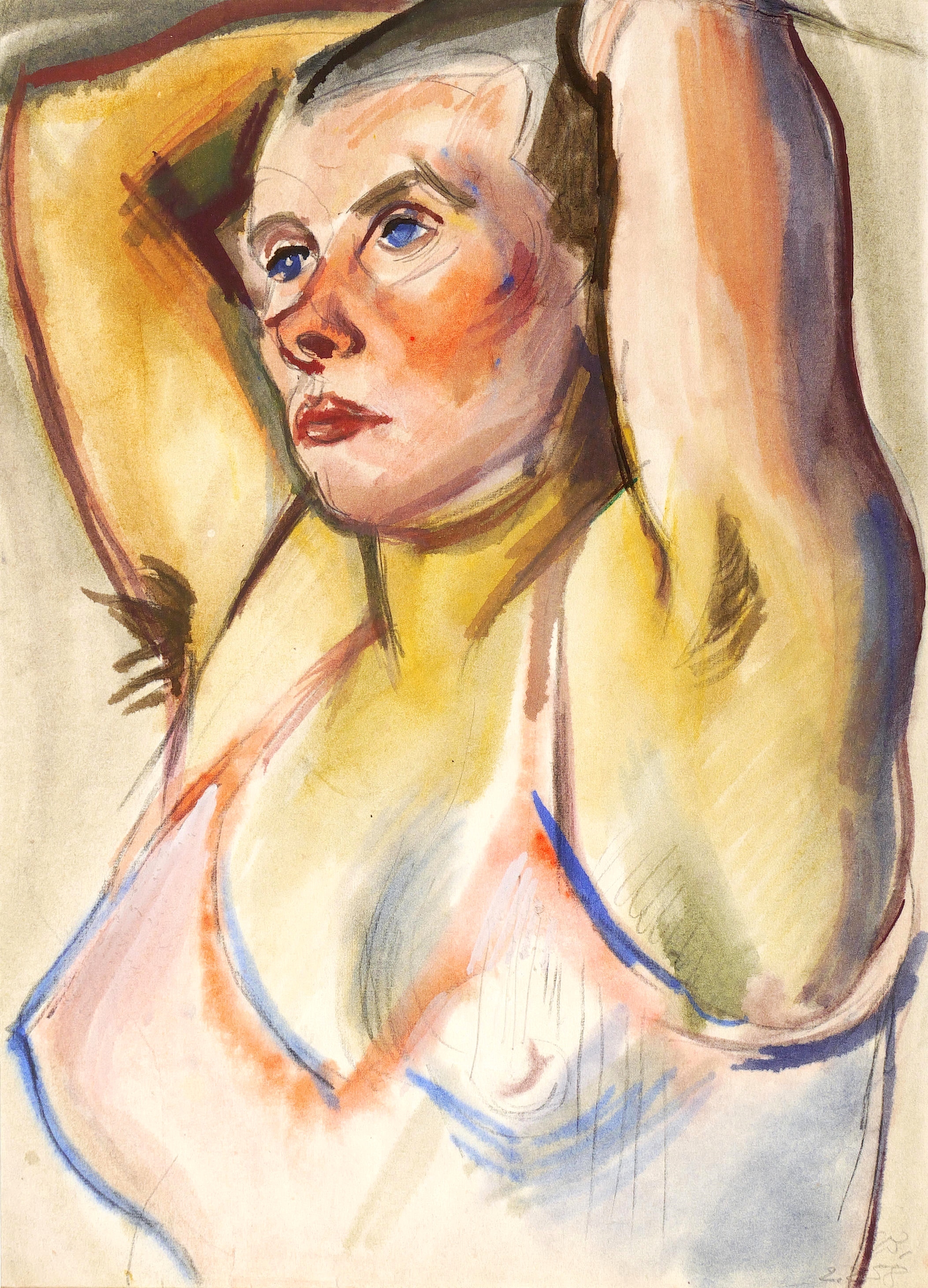 Curt Querner – „Weibliche Halbfigur in rosa Hemd, die Arme über dem Kopf“