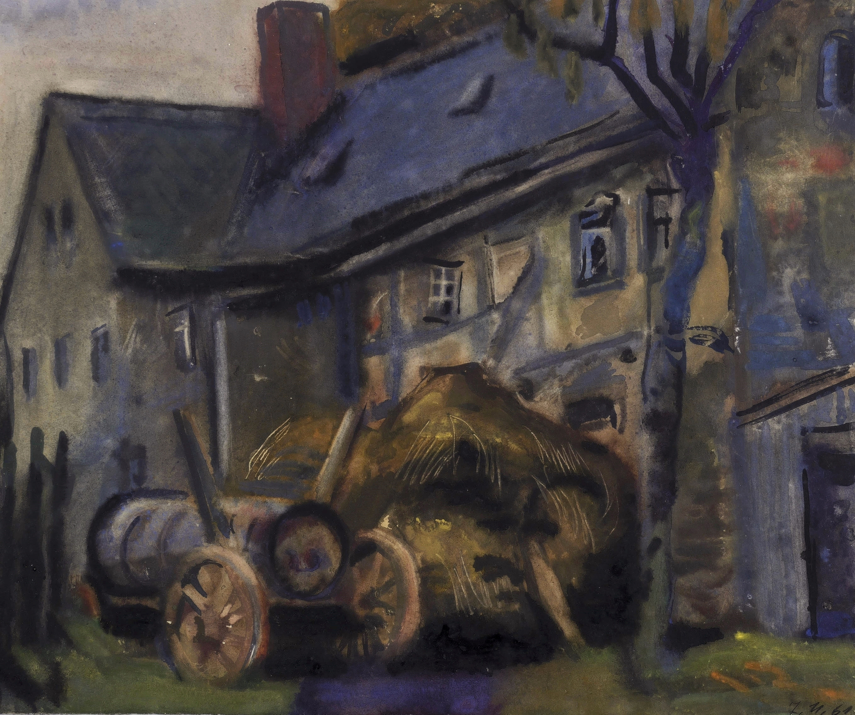 Graues Gehöft mit Wagen