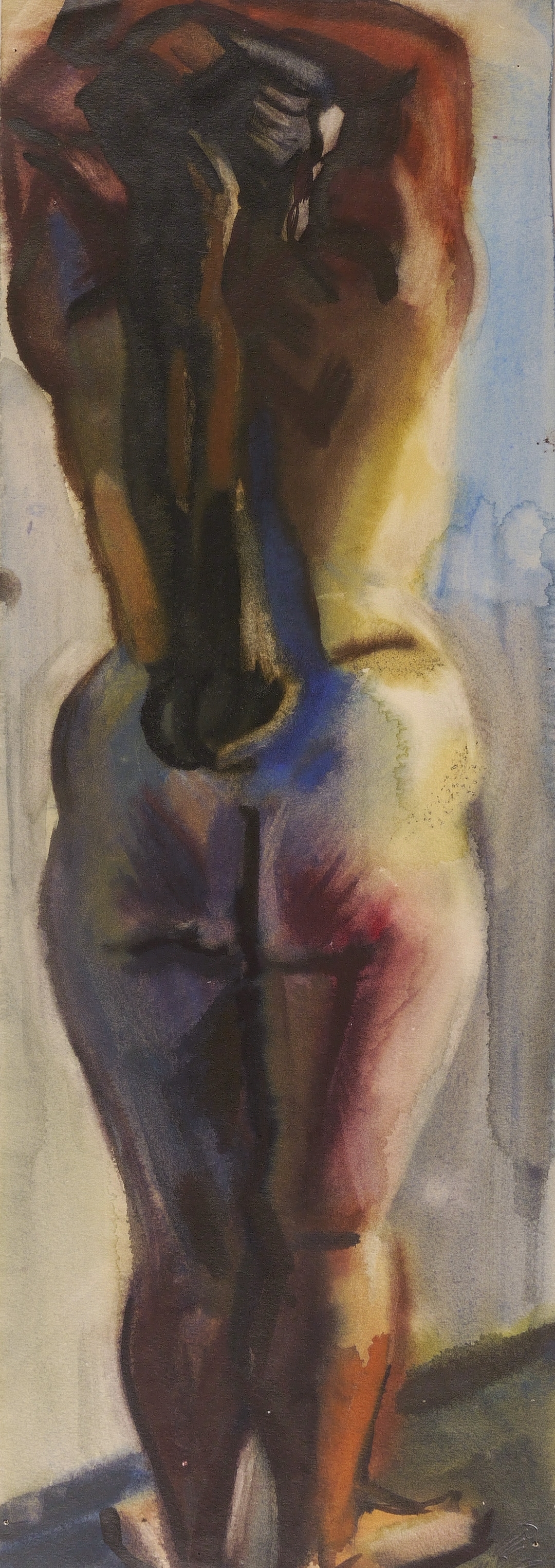 Rückenakt (Stehender weiblicher Rückenakt, die Hände über dem Kopf)