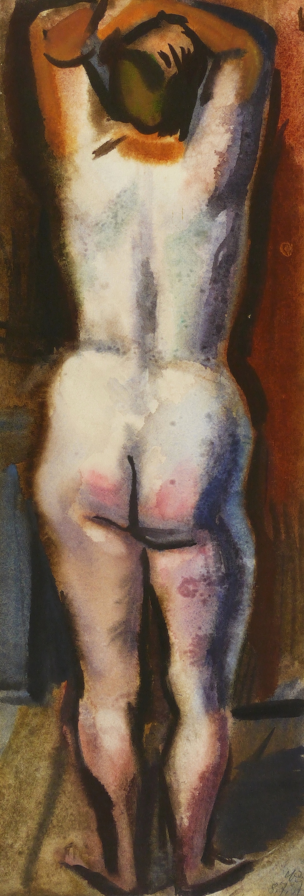 Stehender weiblicher Rückenakt, die Arme über dem Kopf