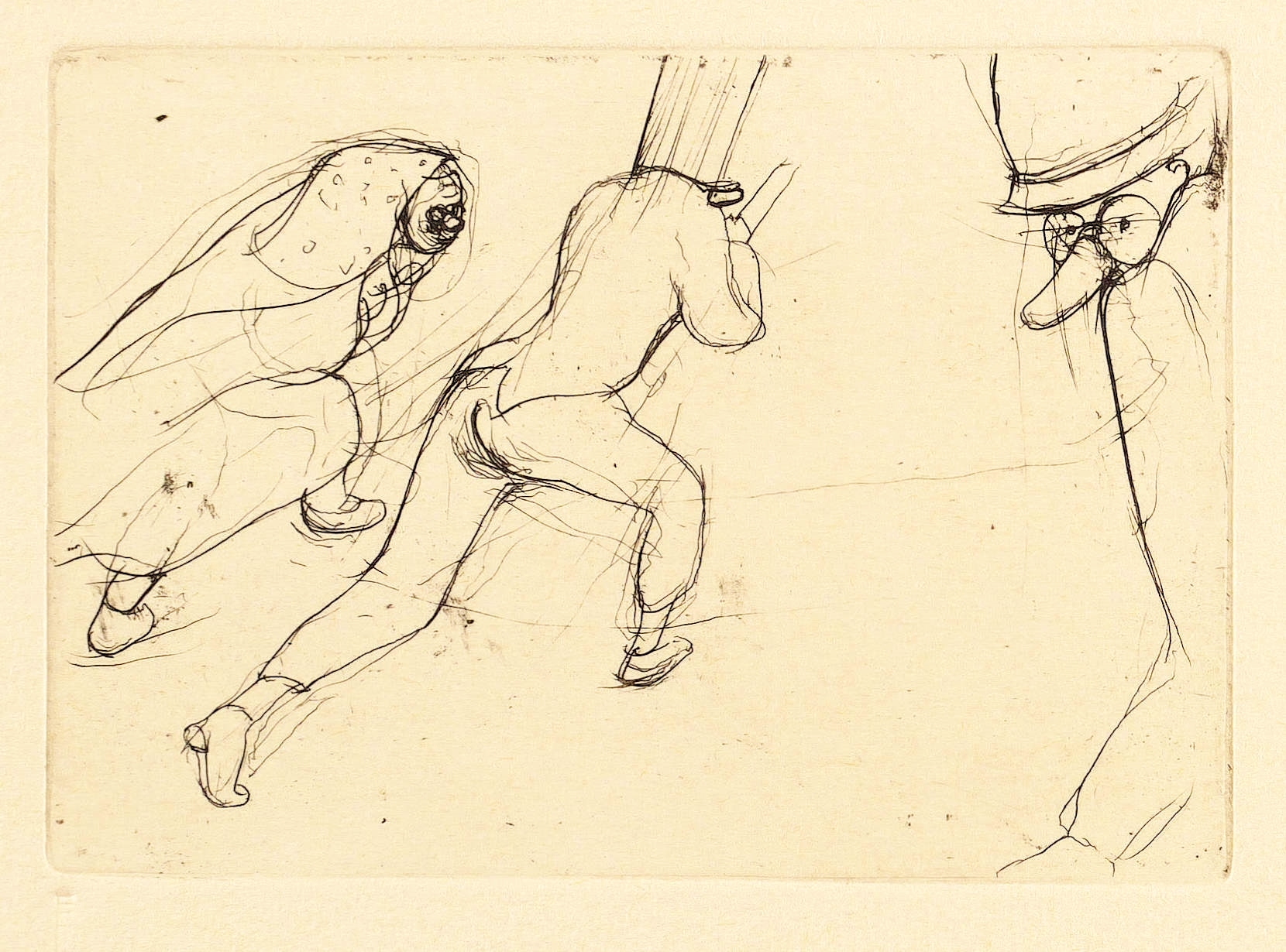 Hans Theo Richter, Zwei laufende Maskierte und eine Maske rechts, 1936/1981